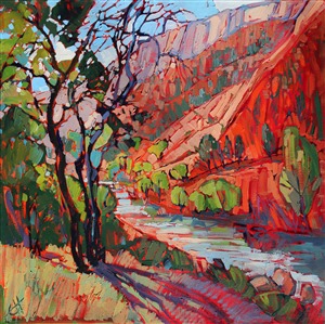 I was camping and hiking in Zion, during the month of October, hoping to see the fall colors of golden cottonwoods against the red Utah cliffs. This painting was inspired during a mid-day rest alongside the bubbling creek, listening to the water and the wind through the cottonwoods.