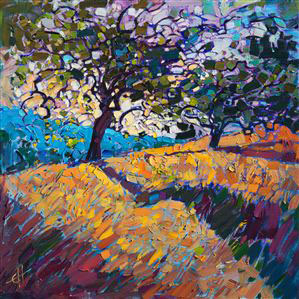 Sparkling sunlight creates a prismatic mosaic of color as it filters through the leaves of these California oaks.  This painting was inspired by an early morning painting trip through the wineries of Paso Robles.  The golden summer grass was the perfect blanket to capture the vivid purple shadows of early morning.