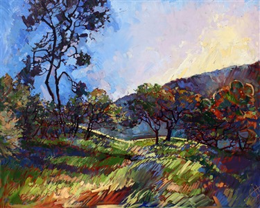 Brilliant colors bring life and depth to this California landscape. The brush strokes are loose and impressionistic.