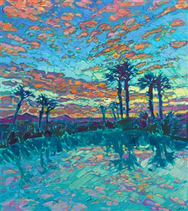 A brilliant desert sunset is reflected in the still waters of a lake near La Quinta, California. The artist captures the vibrant beauty of the high desert with thick, expressive brush strokes in her iconic <a href ="https://www.erinhanson.com/open-impressionism" target="_blank">Open Impressionism</a> style.

"Desert Reflections" is an original oil painting done on stretched canvas. The painting arrives framed in a burnished silver floater frame, ready to hang.