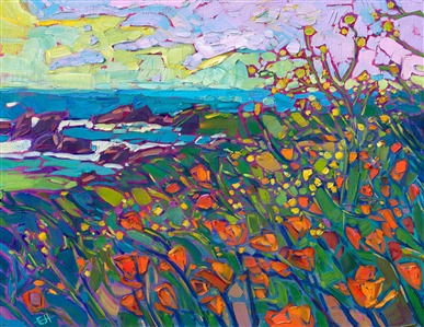 A flurry of orange poppies provides a pop of color along California's Highway 1. The loose, expressive brush strokes in this petite painting capture the colors of nature and the fresh feeling of being outdoors.

"Flurry of Poppies" is an original oil painting on linen board. The piece arrives framed in black and gold plein air frame, ready to hang.