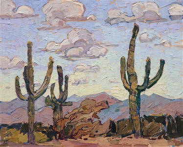 The stately saguaro is always a pleasure to capture in oils.  Their naturally abstract shapes create great compositions against a distant desert landscape.  The brush strokes in this painting are loose and impressionistic, capturing a transient moment of light and beauty.

This painting was done on 1/8"canvas, and it arrives framed and ready to hang.