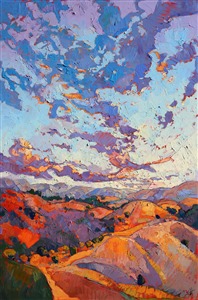 A dramatic sky bursts over the rolling hills of Paso Robles, the last light of day casting beautiful purple and tangerine shades across the landscape. The brush strokes in this painting are thick and loose, capturing the immediacy of a single moment of beauty.