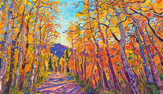 Hiking through an aspen tree grove in the fall is something you will never forget. The sound of the rustling coin-shaped leaves, combined with the vibrant cadmium colors everywhere you look, transports you to a realm of peace and beauty. This painting captures this moment with thick, impasto brush strokes and colors that are straight from memory.

"Aspen Lights" in an original oil painting in Erin Hanson's signature Open Impressionism style. The brush strokes are loose and impressionistic, creating a mosaic of color and texture across the canvas. The piece arrives framed in a closed-corner, hand-made, gold floater frame.