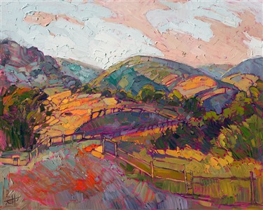Dusky colors of summer intermingle in this oil painting of Paso Robles, central California's wine country.  The thick, expressive brush strokes bring the movement of the outdoors to life.
