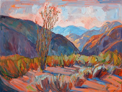 Coyote Canyon is full of blooming ocotillos in the springtime. The scrub turns apple green against lavender, and the distant mountains of Borrego Springs form layer upon layer of colors. 

This painting uses thick brush strokes and a loose hand to capture the spontaneous feeling the artist gets while out in the desert.
