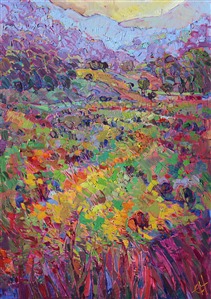 The back country roads that wind between Cambria and Paso Robles in central California are filled with little valleys and ranges of hills that are most beautiful in the first light of dawn. Each blade of grass becomes covered in coastal dew, which seems to refract the dawn light into a prismatic rainbow of color. This painting, with its thick brush strokes and moving color, brings the freshness of the outdoors into your home.

This painting was created on gallery depth canvas, with the painting continued around the edges of the stretched canvas. It arrives ready to hang without a frame needed.