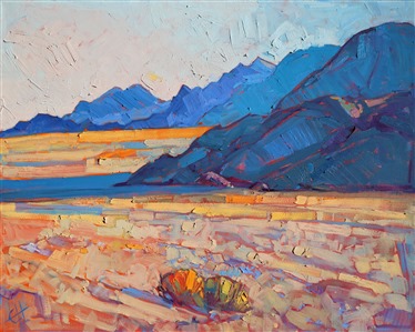Death Valley is beautifully stark, full of open space and pure color. The late afternoon shadows are brilliant blue and purple against the flat, salted desert floor. The brush strokes in this painting are loose and impressionistic.