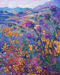 A spray of yellow wildflowers draw the eye into this expressionist landscape of Paso Robles, California. The wild purple thistles and rolling California hills create an idyllic landscape that your eye can roam through endlessly. Thick brush strokes and abstract color choices capture the essence of wildflower beauty.

"Thistles and Blooms" is an original oil painting on stretched canvas. The piece arrives framed and ready to hang.