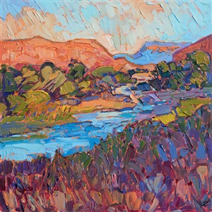 Impressionistic brush strokes capture the beautiful color and motion of Zion National Park. This painting was inspired by the Colorado River west of the park entrance. This small painting was done on linen board, and it has been framed in a hand-carved, plein air frame.

This painting is hanging in the <i><a href="https://www.erinhanson.com/Event/ErinHansonZionMuseum" target="_blank">Impressions of Zion</a></i> exhibition, and this piece is available for viewing at the Zion Art Museum, in Springdale, UT. The exhibition dates are June 9th - August 27th, 2017.  All sold paintings will be shipped after the exhibition closes at the end of August.