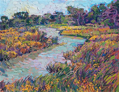 A winding stream surrounded by yellow wildflowers is captured with loose, thickly applied brushstrokes. The petite painting manages to bring to life a wide expanse of light and color, on only 14 inches of canvas.

This painting was created on 1/8" canvas board, and the painting arrives framed and ready to hang.