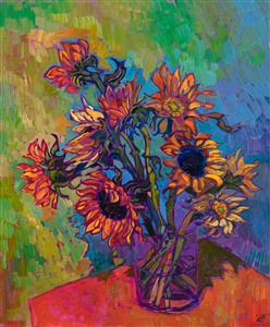 A vase of sunflowers brings in the beauty and freshness of the outdoors into the home. The animated colors of the petals stand out against the greenish hues of the background.

"Sunflower Light" was created on fine linen board, and it arrives framed in a hand-carved and gilded plein air frame.