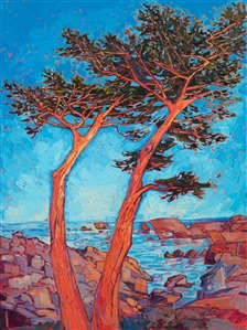 Brilliant hues of dawn cast a red glow over the colorful landscape of Pebble Beach. The cypress trees, sculpted by coastal winds, create abstract shapes against the blue morning sky. Each brush stroke is thick and impressionistic, applied in a contemporary, painterly style.

"Red Cypress" was created on 1-1/2" canvas, with the painting continued around the edges of the canvas. The piece has been framed in a 23kt gold floater frame.