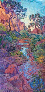 I love walking along the river bed in Zion Canyon. Red rock cliffs reach high into the sky around me, and all around me is silent except for the moving sound of water and the wind rustling through the cottonwood leaves. I walk in and out of shadow beneath the overhanging boughs, my mind completely at peace. This painting captures all my love for this landscape.
<b>Note:
"Zion Waters" is available for pre-purchase and will be included in the <i><a href="https://www.erinhanson.com/Event/SearsArtMuseum" target="_blank">Erin Hanson: Landscapes of the West</a> </i>solo museum exhibition at the Sears Art Museum in St. George, Utah. This museum exhibition, located at the gateway to Zion National Park, will showcase Erin Hanson's largest collection of Western landscape paintings, including paintings of Zion, Bryce, Arches, Cedar Breaks, Arizona, and other Western inspirations. The show will be displayed from June 7 to August 23, 2024.

You may purchase this painting online, but the artwork will not ship after the exhibition closes on August 23, 2024.</b>
<p>