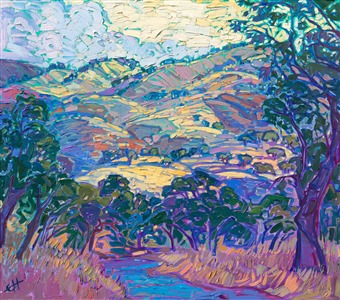 <b>PLEASE NOTE: This painting will be hanging at the Santa Paula Art Museum for Erin's <a href="https://www.erinhansonprints.com/Event/CaliforniaImpressionismatSantaPaulaMuseum" target="_blank"><i>Colors of California</a></i> exhibition. You may purchase this painting online, but the earliest we can ship your painting is July 30th.</b>

Wintery gold hills catch the early morning light in this oil painting of Carmel Valley, near Monterey. The loose, impressionistic brush strokes capture the texture and movement of the grasses and the trees.

"Winter Hills" was created on 1-1/2" stretched canvas, with the painting continued around the edges. The piece arrives framed in a contemporary gold floater frame.