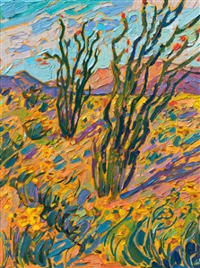 The last superbloom in Borrego Springs, California, is captured eternally with paintbrush and canvas in this petite oil painting. The wild colors of the high desert in bloom are portrayed in Hanson's iconic Open Impressionism style.

"High Desert Blooms" is an original oil painting on linen board. The piece arrives framed in a wide, custom frame designed to set off the colors in the piece.

This painting will be displayed at Erin Hanson's annual <a href="https://www.erinhanson.com/Event/ErinHansonSmallWorks2022" target=_"blank"><i>Petite Show</a></i> on November 19th, 2022, at The Erin Hanson Gallery in McMinnville, OR.