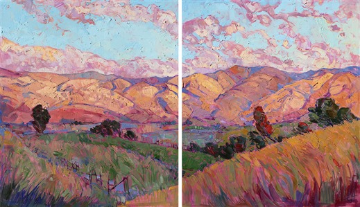 Beautiful morning light pours ever-changing color onto these rolling hills. The countryside is captured in a mosaic of color and texture that comes to life on the canvas.
 
This painting was created on two museum-depth canvases, with the painting continued around the edges of each stretched canvas. This painting was designed to hang without a frame, with the canvases spaced a few inches apart.