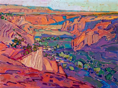 Canyon de Chelly awakens with the dawn, warm light soaking down the canyon walls and illuminating the canyon floor wtih streaks of green and orange. The brush strokes are loose and impressionistic, alive with color and light.