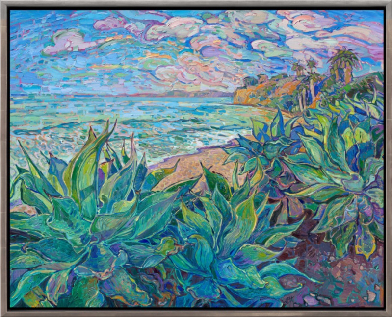 Santa Barbara has a beautiful stretch of Pacific coastline with white sand beaches, lined with colorful boulders, shaggy palm trees, and aqua-colored agave plants. This painting by Erin Hanson captures these agaves with loose, expressive brushstrokes and a joyful expression of color.