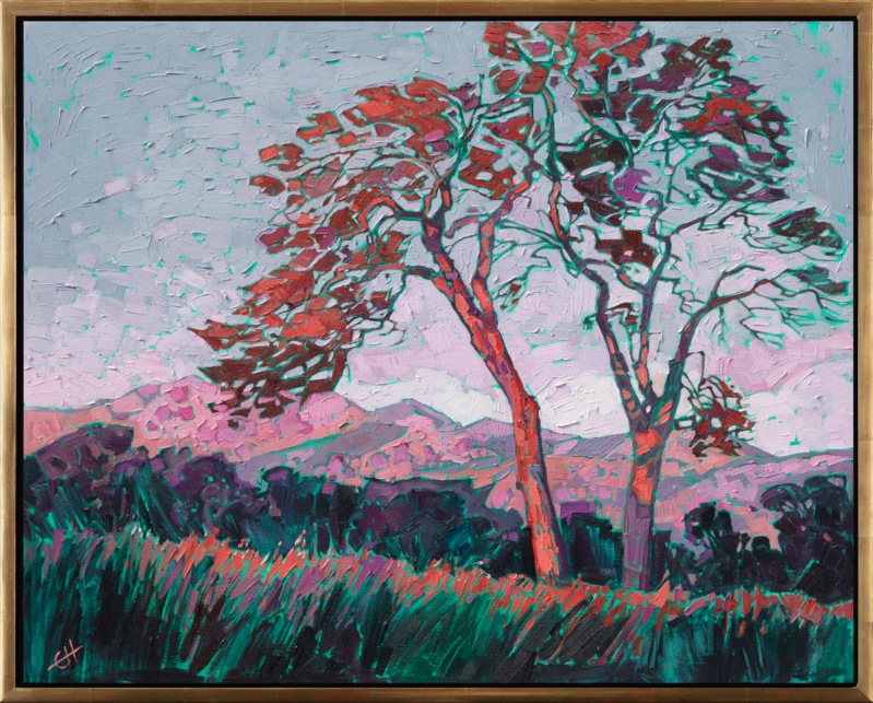 Warm morning hues of alizarin bathe the beautiful wine country region of Mariposa, just west of Yosemite. This painting was created using a limited palette of viridian and alizarin crimson. The brush strokes are loose and impressionistic, giving a sense of energy and life to the painting.</p><p>This painting is being sold on consignment.</p><p>"Alizarin Dawn" was created on 1-1/2" canvas, with the painting continued around the edges of the canvas. The piece is presented in a 23kt gold floater frame.