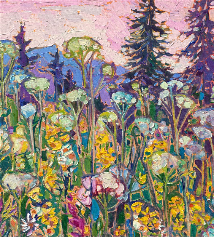 I visited Tipsoo Lake in Mt. Rainier National Park on the hunt for mountain reflections and alpine wildflowers. The cloudy sky prevented any reflections of Mt. Rainier, but I did discover an abundance of wildflowers! This painting captures the beautiful blooms up close, in impressionistic color. Thick brushstrokes of oil paint laid side by side, without layering, create a mosaic or stained-glass appearance in the landscape.