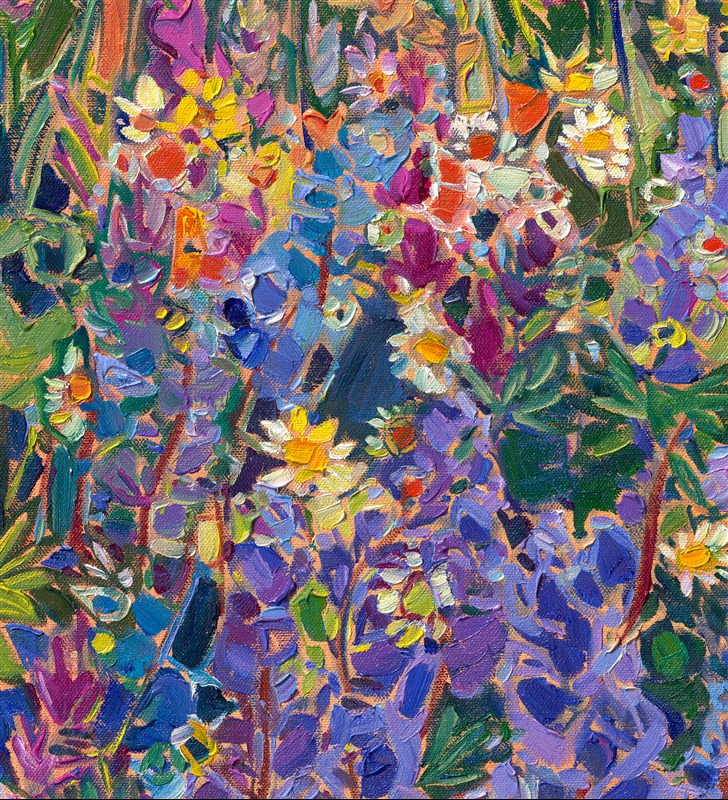 I visited Tipsoo Lake in Mt. Rainier National Park on the hunt for mountain reflections and alpine wildflowers. The cloudy sky prevented any reflections of Mt. Rainier, but I did discover an abundance of wildflowers! This painting captures the beautiful blooms up close, in impressionistic color. Thick brushstrokes of oil paint laid side by side, without layering, create a mosaic or stained-glass appearance in the landscape.