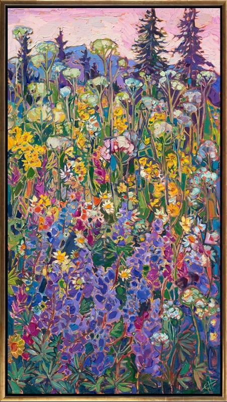 I visited Tipsoo Lake in Mt. Rainier National Park on the hunt for mountain reflections and alpine wildflowers. The cloudy sky prevented any reflections of Mt. Rainier, but I did discover an abundance of wildflowers! This painting captures the beautiful blooms up close, in impressionistic color. Thick brushstrokes of oil paint laid side by side, without layering, create a mosaic or stained-glass appearance in the landscape.