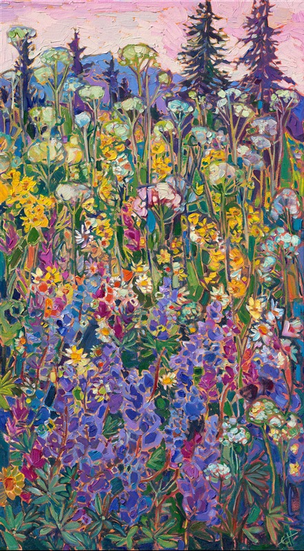 I visited Tipsoo Lake in Mt. Rainier National Park on the hunt for mountain reflections and alpine wildflowers. The cloudy sky prevented any reflections of Mt. Rainier, but I did discover an abundance of wildflowers! This painting captures the beautiful blooms up close, in impressionistic color. Thick brushstrokes of oil paint laid side by side, without layering, create a mosaic or stained-glass appearance in the landscape.