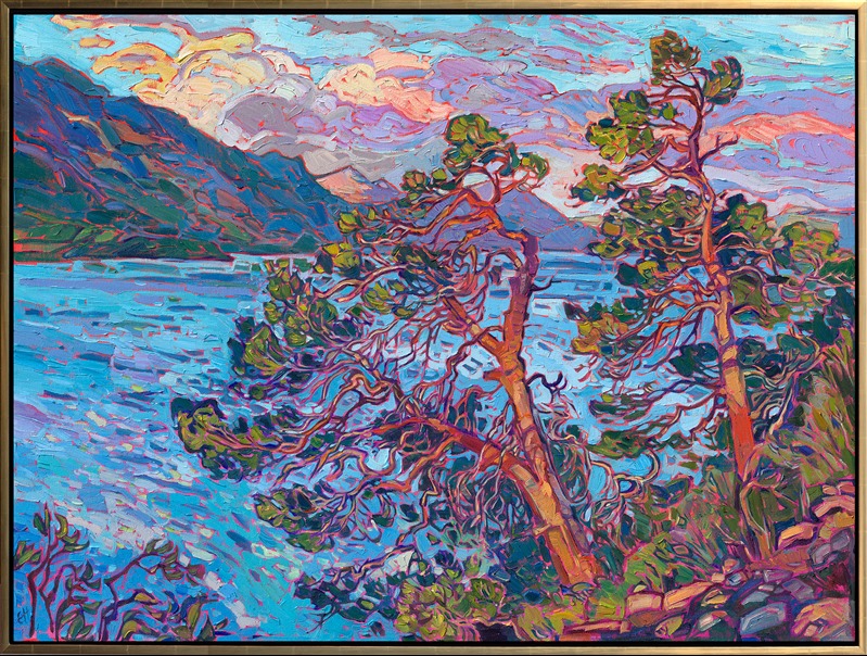 Traveling through Norway, I experienced so many fjords in different lighting and weather conditions. I loved how the reflections in the water could change suddenly and dramatically. This painting captures a view from high up the side of Geirangerfjord, with two ancient pine tree sentinels looking over the fjord.</p><p>This painting is included in The Erin Hanson Gallery exhibition, <a href="https://www.erinhanson.com/Event/norwayshow"><i>The Norway Show</i></a>. You may purchase this painting now, and it will be shipped after the show on May 9th, 2026. 