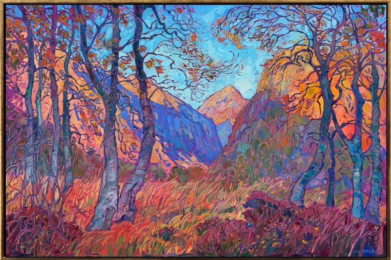 Norway's grand, romantic vistas have inspired a whole <a href="https://www.erinhanson.com/portfolio?col=the-norway-show-2026">new collection</a> of paintings. This piece depicts the fall colors I found in a valley near Geirangerfjord. The movement of color is captured with thick, impressionistic brushstrokes in my Open Impressionism style.