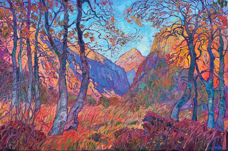 Norway's grand, romantic vistas have inspired a whole <a href="https://www.erinhanson.com/portfolio?col=the-norway-show-2026">new collection</a> of paintings. This piece depicts the fall colors I found in a valley near Geirangerfjord. The movement of color is captured with thick, impressionistic brushstrokes in my Open Impressionism style.