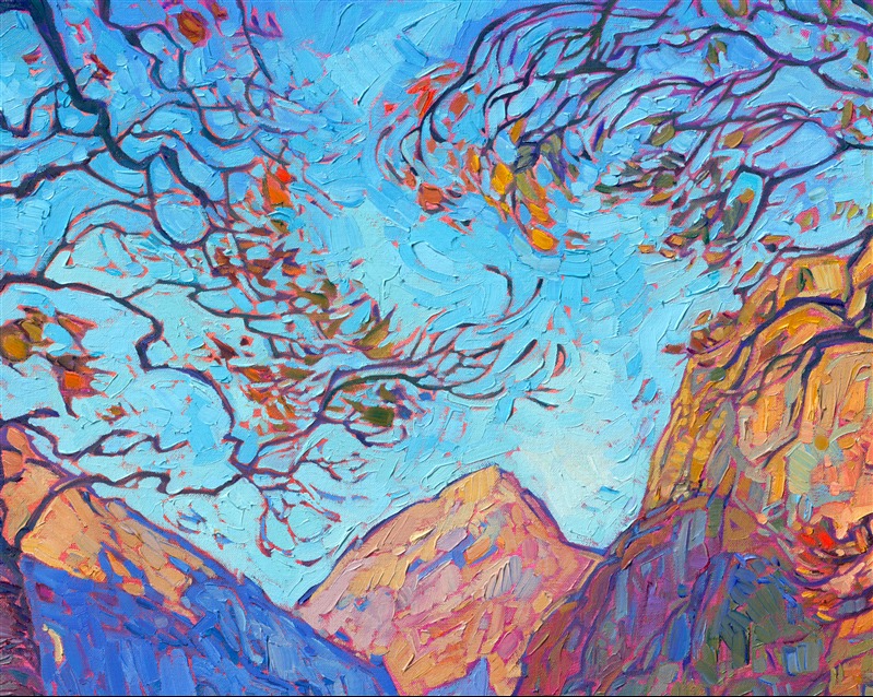 Norway's grand, romantic vistas have inspired a whole <a href="https://www.erinhanson.com/portfolio?col=the-norway-show-2026">new collection</a> of paintings. This piece depicts the fall colors I found in a valley near Geirangerfjord. The movement of color is captured with thick, impressionistic brushstrokes in my Open Impressionism style.