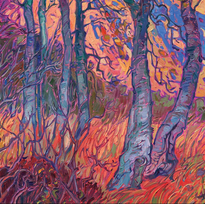 Norway's grand, romantic vistas have inspired a whole <a href="https://www.erinhanson.com/portfolio?col=the-norway-show-2026">new collection</a> of paintings. This piece depicts the fall colors I found in a valley near Geirangerfjord. The movement of color is captured with thick, impressionistic brushstrokes in my Open Impressionism style.