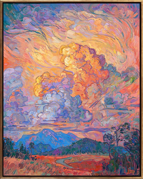 Billowing stacks of clouds catch the last light of the golden hour and give the whole landscape an apricot glow. This painting is alive with color and motion--each brushstroke of oil paint placed side by side is emotive and free, expressing the luminous colors of sunset.