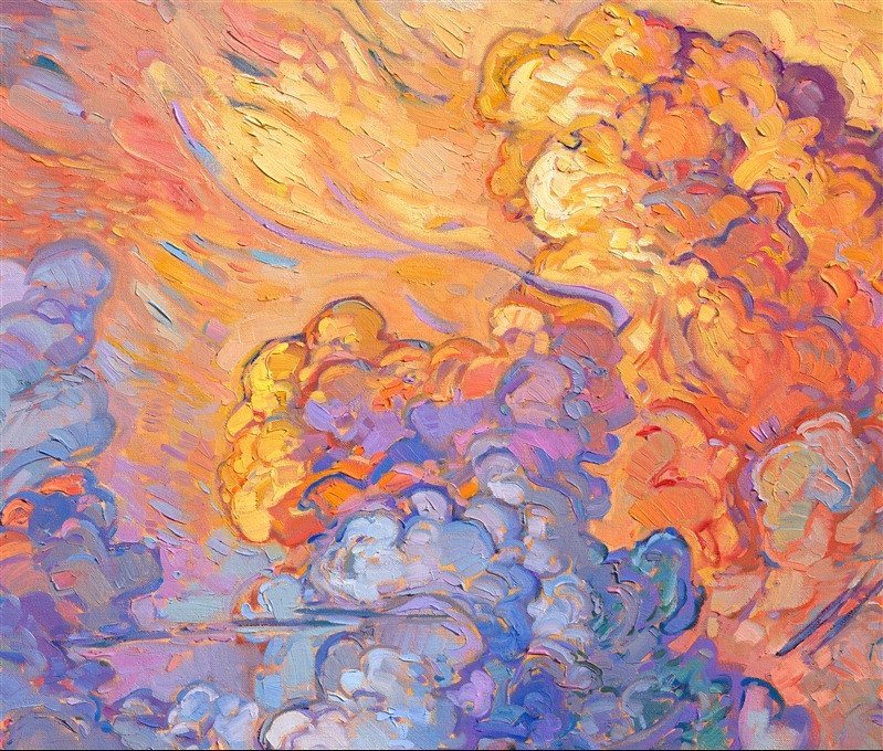 Billowing stacks of clouds catch the last light of the golden hour and give the whole landscape an apricot glow. This painting is alive with color and motion--each brushstroke of oil paint placed side by side is emotive and free, expressing the luminous colors of sunset.