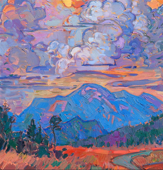 Billowing stacks of clouds catch the last light of the golden hour and give the whole landscape an apricot glow. This painting is alive with color and motion--each brushstroke of oil paint placed side by side is emotive and free, expressing the luminous colors of sunset.