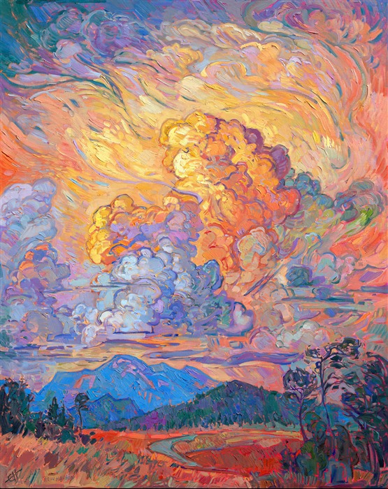 Billowing stacks of clouds catch the last light of the golden hour and give the whole landscape an apricot glow. This painting is alive with color and motion--each brushstroke of oil paint placed side by side is emotive and free, expressing the luminous colors of sunset.