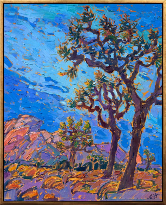 Every time I see a sunrise or sunset at Joshua Tree, the colorless desert landscape turns into a rainbow wash of color. No golden hour is ever the same--I am always surprised and inspired by the colors I see. This painting captures a particularly blue dusk, where the sky seemed to glow with an ultramarine, jewel-toned light.