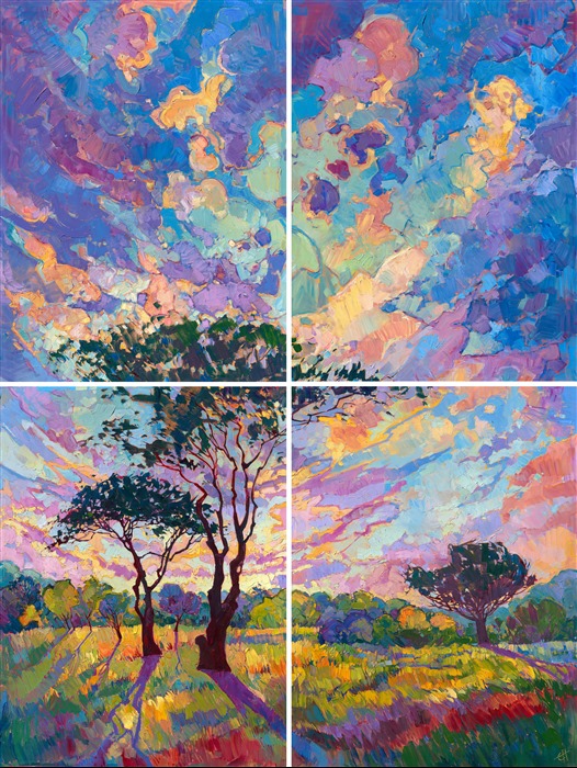 Vibrant colors and abstract shapes dance through this large painting, the sky stretching high above the hills. The brush strokes in this work are loose and free, conveying an emotion of wide open space.

This impressive painting on four canvases stands a total of 8 feet tall. The brilliant color and abstract sky will bring color and life to any room. 

This classic work is being sold on consignment. If you are interested in purchasing a print or Textured Replica of this painting, please email Erin at contact@erinhanson.com.