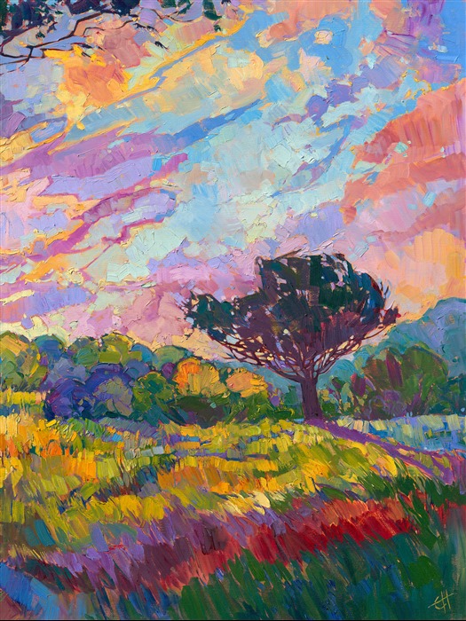 Vibrant colors and abstract shapes dance through this large painting, the sky stretching high above the hills. The brush strokes in this work are loose and free, conveying an emotion of wide open space.</p><p>This impressive painting on four canvases stands a total of 8 feet tall. The brilliant color and abstract sky will bring color and life to any room. </p><p>This classic work is being sold on consignment. If you are interested in purchasing a print or Textured Replica of this painting, please email Erin at contact@erinhanson.com.