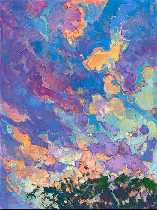 Vibrant colors and abstract shapes dance through this large painting, the sky stretching high above the hills. The brush strokes in this work are loose and free, conveying an emotion of wide open space.</p><p>This impressive painting on four canvases stands a total of 8 feet tall. The brilliant color and abstract sky will bring color and life to any room. </p><p>This classic work is being sold on consignment. If you are interested in purchasing a print or Textured Replica of this painting, please email Erin at contact@erinhanson.com.