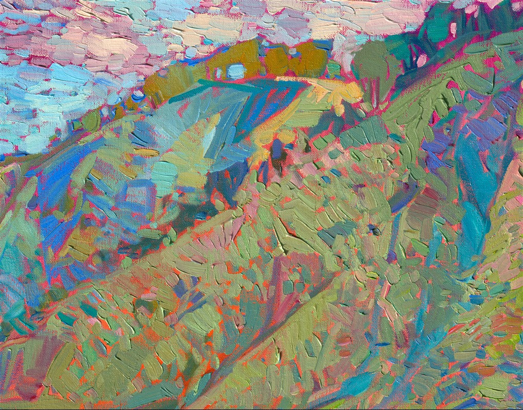While I was painting this depiction of California's coastline, I wanted it to feel like a flurry of impressionistic paint strokes just fell onto a canvas and just happened to arrange themselves into the shapes of waves and cliffs. To me, that is the beauty of impressionism: lots of small, independent brush strokes that only resolve into a shape when you step back. In my style of Open Impressionism, I avoid overlapping my brushstrokes. This gives my paintings a fresh, loose look that I feel really draws the viewer in.</p><p>I hope this painting draws you in and makes you feel like you are standing on the edge of a cliff overlooking the Pacific Ocean.</p><p>(<a href="mailto:erin@erinhanson.com">Shoot me an email</a> if you're curious about the exact location this painting was inspired by.)