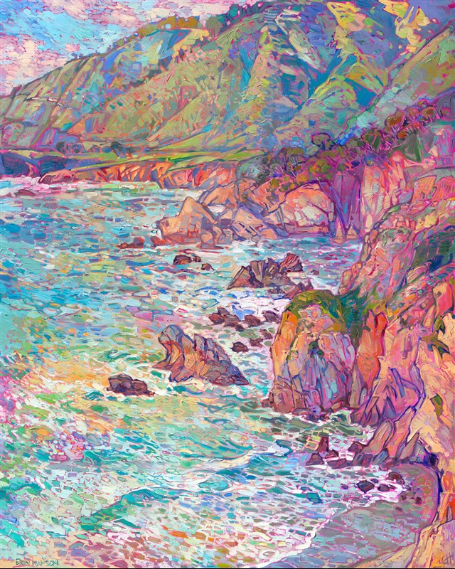 While I was painting this depiction of California's coastline, I wanted it to feel like a flurry of impressionistic paint strokes just fell onto a canvas and just happened to arrange themselves into the shapes of waves and cliffs. To me, that is the beauty of impressionism: lots of small, independent brush strokes that only resolve into a shape when you step back. In my style of Open Impressionism, I avoid overlapping my brushstrokes. This gives my paintings a fresh, loose look that I feel really draws the viewer in.

I hope this painting draws you in and makes you feel like you are standing on the edge of a cliff overlooking the Pacific Ocean.

(<a href="mailto:erin@erinhanson.com">Shoot me an email</a> if you're curious about the exact location this painting was inspired by.)
