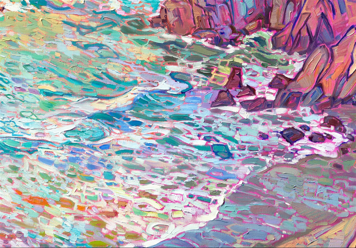 While I was painting this depiction of California's coastline, I wanted it to feel like a flurry of impressionistic paint strokes just fell onto a canvas and just happened to arrange themselves into the shapes of waves and cliffs. To me, that is the beauty of impressionism: lots of small, independent brush strokes that only resolve into a shape when you step back. In my style of Open Impressionism, I avoid overlapping my brushstrokes. This gives my paintings a fresh, loose look that I feel really draws the viewer in.</p><p>I hope this painting draws you in and makes you feel like you are standing on the edge of a cliff overlooking the Pacific Ocean.</p><p>(<a href="mailto:erin@erinhanson.com">Shoot me an email</a> if you're curious about the exact location this painting was inspired by.)