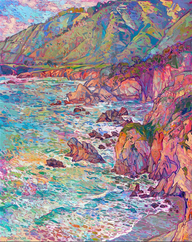While I was painting this depiction of California's coastline, I wanted it to feel like a flurry of impressionistic paint strokes just fell onto a canvas and just happened to arrange themselves into the shapes of waves and cliffs. To me, that is the beauty of impressionism: lots of small, independent brush strokes that only resolve into a shape when you step back. In my style of Open Impressionism, I avoid overlapping my brushstrokes. This gives my paintings a fresh, loose look that I feel really draws the viewer in.

I hope this painting draws you in and makes you feel like you are standing on the edge of a cliff overlooking the Pacific Ocean.

(<a href="mailto:erin@erinhanson.com">Shoot me an email</a> if you're curious about the exact location this painting was inspired by.)