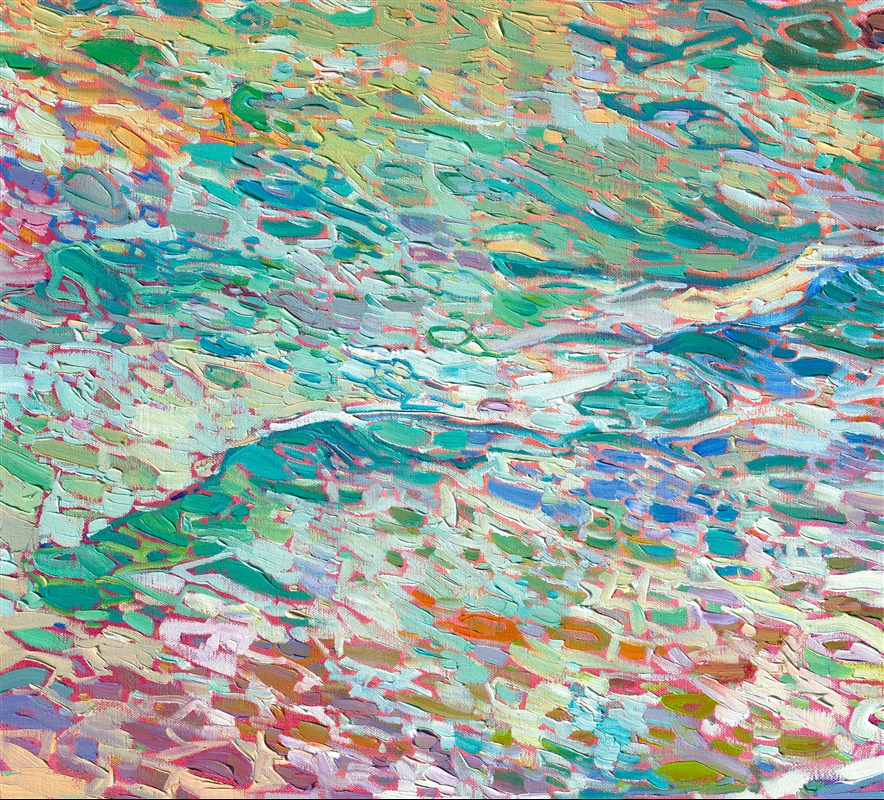 While I was painting this depiction of California's coastline, I wanted it to feel like a flurry of impressionistic paint strokes just fell onto a canvas and just happened to arrange themselves into the shapes of waves and cliffs. To me, that is the beauty of impressionism: lots of small, independent brush strokes that only resolve into a shape when you step back. In my style of Open Impressionism, I avoid overlapping my brushstrokes. This gives my paintings a fresh, loose look that I feel really draws the viewer in.</p><p>I hope this painting draws you in and makes you feel like you are standing on the edge of a cliff overlooking the Pacific Ocean.</p><p>(<a href="mailto:erin@erinhanson.com">Shoot me an email</a> if you're curious about the exact location this painting was inspired by.)