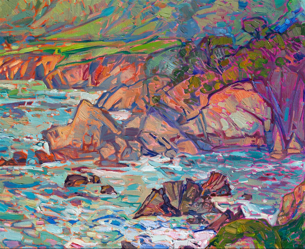 While I was painting this depiction of California's coastline, I wanted it to feel like a flurry of impressionistic paint strokes just fell onto a canvas and just happened to arrange themselves into the shapes of waves and cliffs. To me, that is the beauty of impressionism: lots of small, independent brush strokes that only resolve into a shape when you step back. In my style of Open Impressionism, I avoid overlapping my brushstrokes. This gives my paintings a fresh, loose look that I feel really draws the viewer in.</p><p>I hope this painting draws you in and makes you feel like you are standing on the edge of a cliff overlooking the Pacific Ocean.</p><p>(<a href="mailto:erin@erinhanson.com">Shoot me an email</a> if you're curious about the exact location this painting was inspired by.)