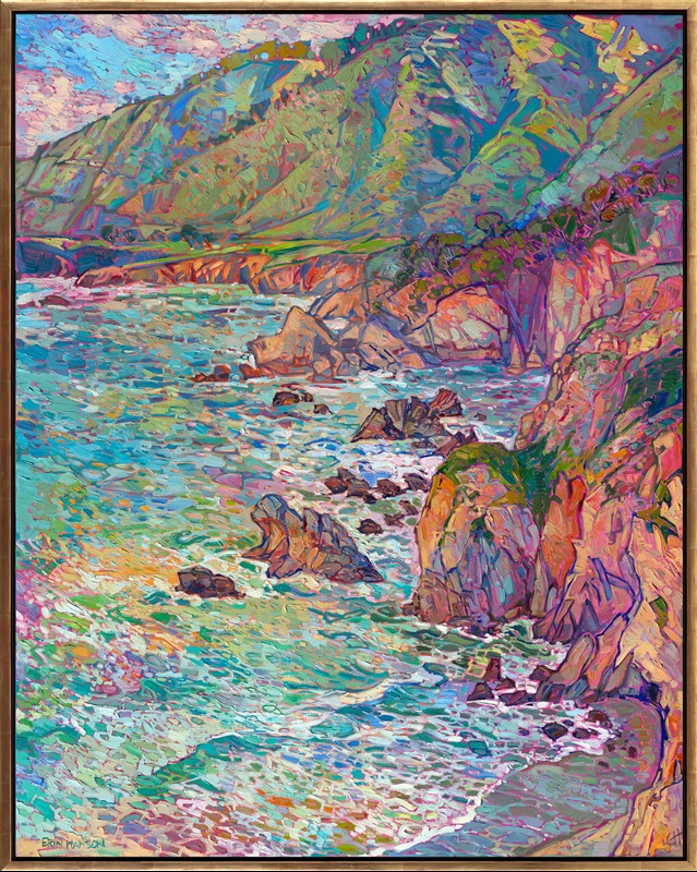 While I was painting this depiction of California's coastline, I wanted it to feel like a flurry of impressionistic paint strokes just fell onto a canvas and just happened to arrange themselves into the shapes of waves and cliffs. To me, that is the beauty of impressionism: lots of small, independent brush strokes that only resolve into a shape when you step back. In my style of Open Impressionism, I avoid overlapping my brushstrokes. This gives my paintings a fresh, loose look that I feel really draws the viewer in.</p><p>I hope this painting draws you in and makes you feel like you are standing on the edge of a cliff overlooking the Pacific Ocean.</p><p>(<a href="mailto:erin@erinhanson.com">Shoot me an email</a> if you're curious about the exact location this painting was inspired by.)