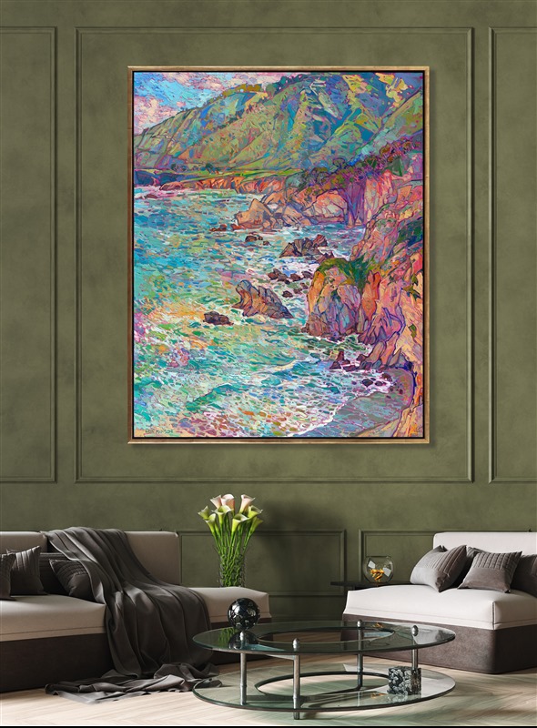 While I was painting this depiction of California's coastline, I wanted it to feel like a flurry of impressionistic paint strokes just fell onto a canvas and just happened to arrange themselves into the shapes of waves and cliffs. To me, that is the beauty of impressionism: lots of small, independent brush strokes that only resolve into a shape when you step back. In my style of Open Impressionism, I avoid overlapping my brushstrokes. This gives my paintings a fresh, loose look that I feel really draws the viewer in.</p><p>I hope this painting draws you in and makes you feel like you are standing on the edge of a cliff overlooking the Pacific Ocean.</p><p>(<a href="mailto:erin@erinhanson.com">Shoot me an email</a> if you're curious about the exact location this painting was inspired by.)
