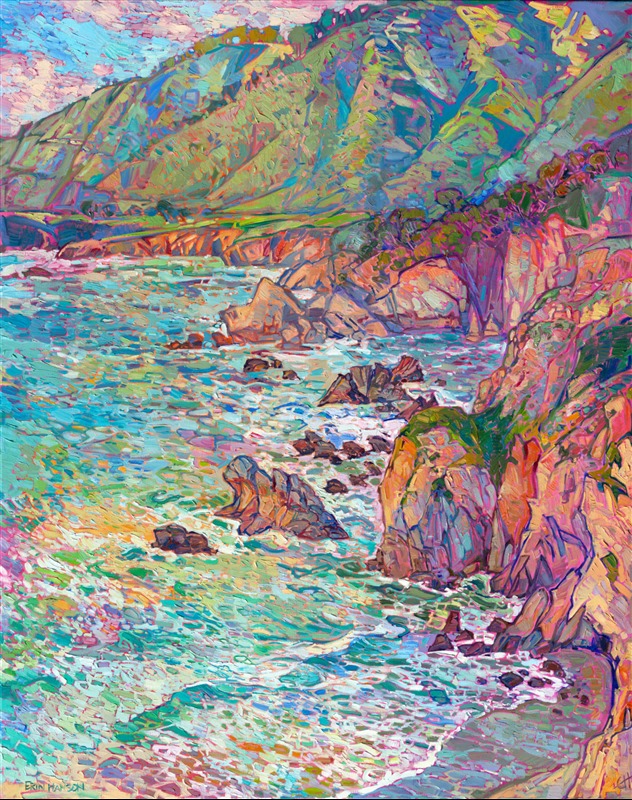 While I was painting this depiction of California's coastline, I wanted it to feel like a flurry of impressionistic paint strokes just fell onto a canvas and just happened to arrange themselves into the shapes of waves and cliffs. To me, that is the beauty of impressionism: lots of small, independent brush strokes that only resolve into a shape when you step back. In my style of Open Impressionism, I avoid overlapping my brushstrokes. This gives my paintings a fresh, loose look that I feel really draws the viewer in.

I hope this painting draws you in and makes you feel like you are standing on the edge of a cliff overlooking the Pacific Ocean.

(<a href="mailto:erin@erinhanson.com">Shoot me an email</a> if you're curious about the exact location this painting was inspired by.)